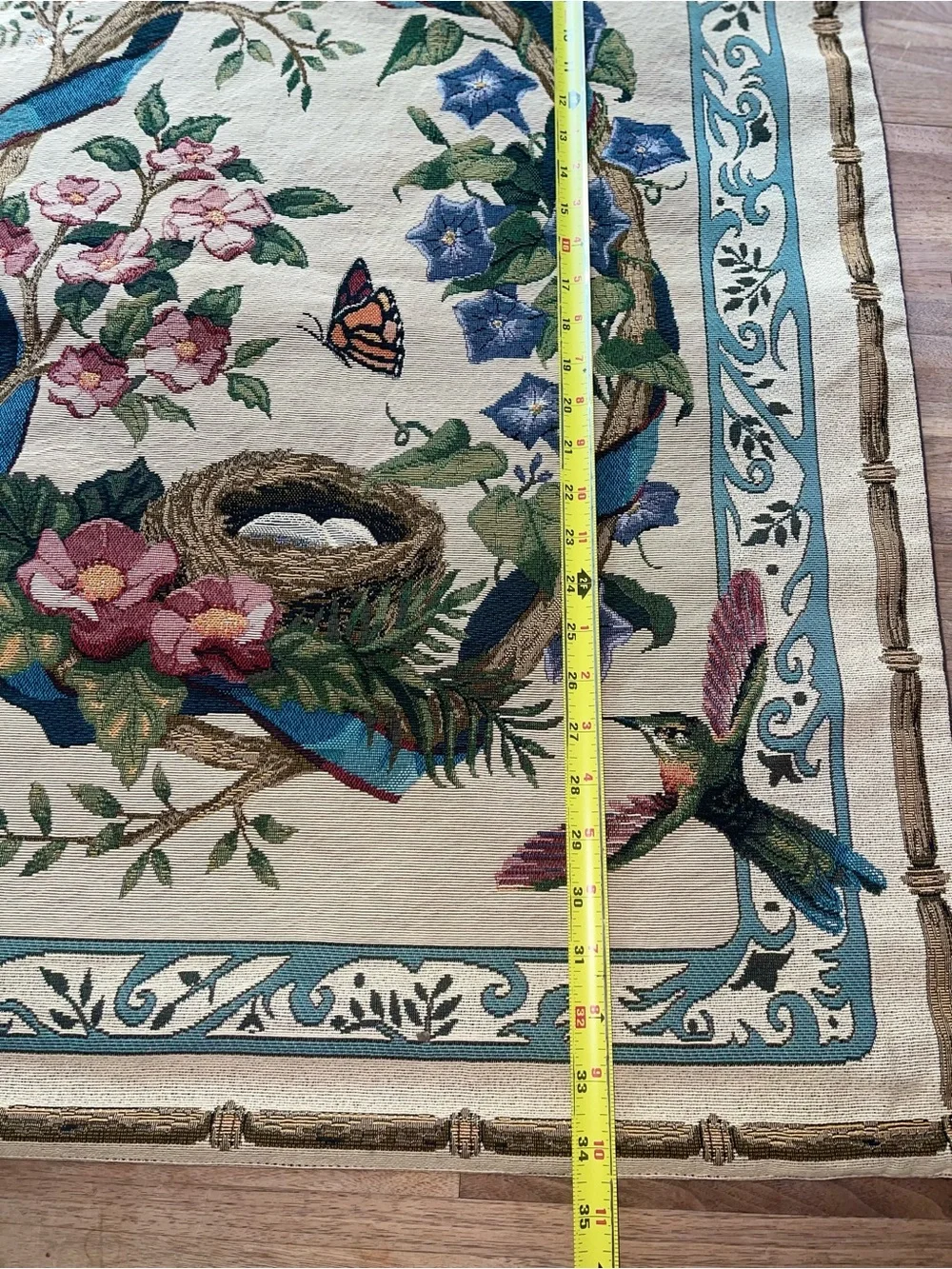 Hummingbird & Floral Wreath Tapestry Wall Hanging in Blue and Cream